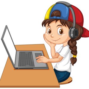 A girl with laptop on the table on white background illustration